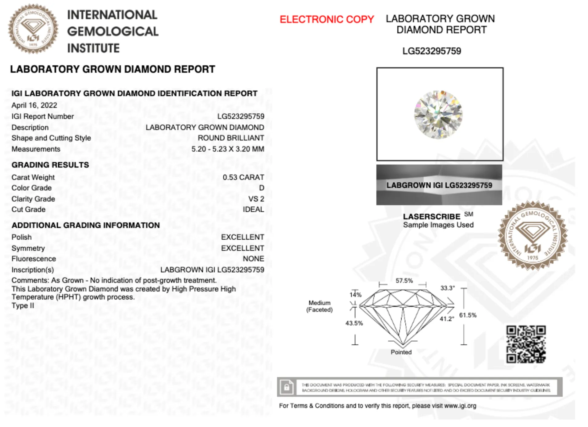 0.53CT Round D VS2 ID EX EX NONE - LG523295759