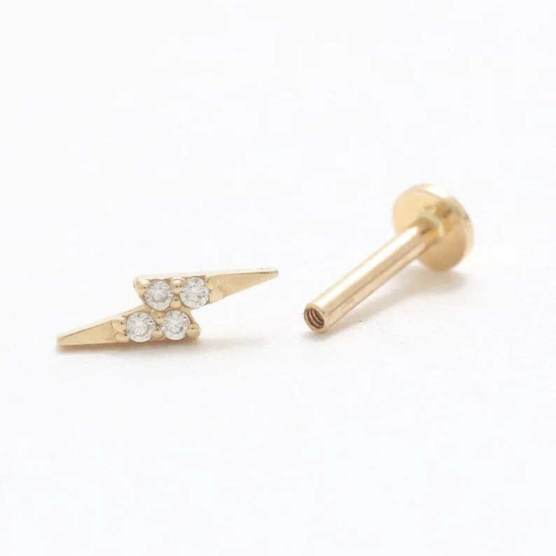 14k Gold Cartilage Cz or Genuine Diamond Thunder Internally Internal Threaded Labret