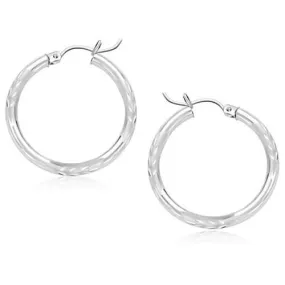 14k White Gold Diamond Cut Hoop Earrings (25 mm)