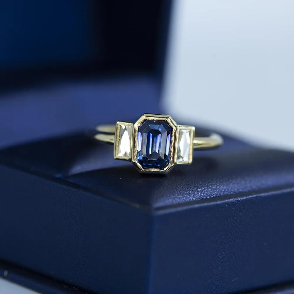 2.37ct Emerald Cut Sapphire with French Cut Baguette Diamond Ring in 18k Yellow Milgrain Bezel