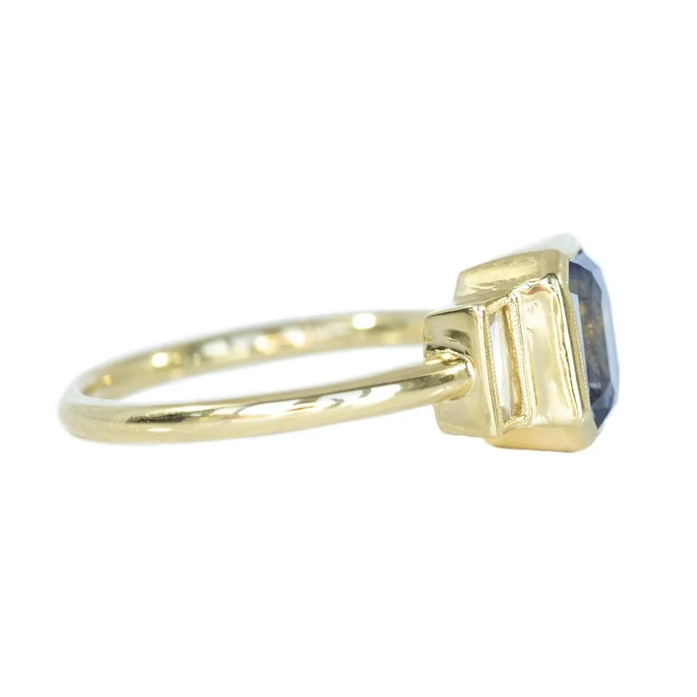 2.37ct Emerald Cut Sapphire with French Cut Baguette Diamond Ring in 18k Yellow Milgrain Bezel