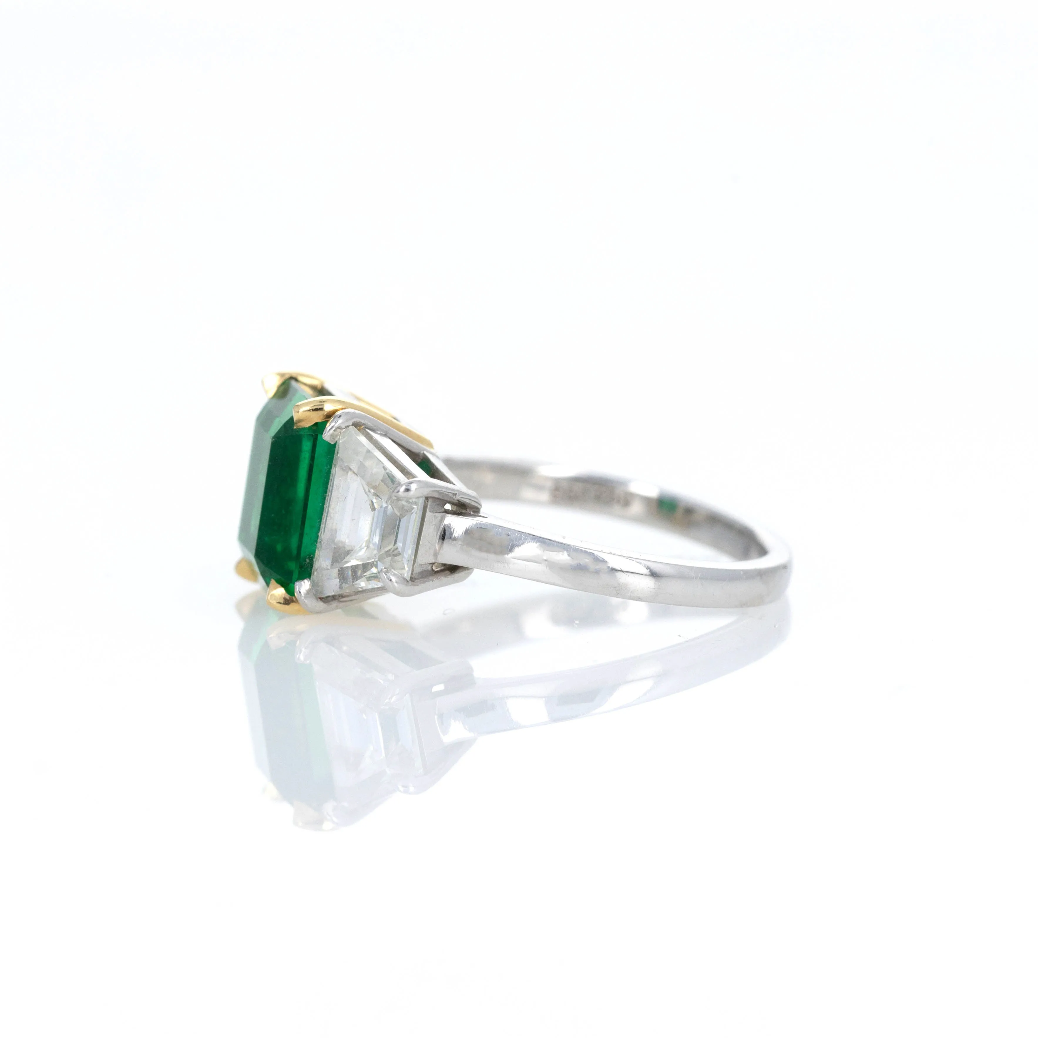 3.55 Carat Natural Zambian Emerald & Trapezoid Diamond Three Stone Ring