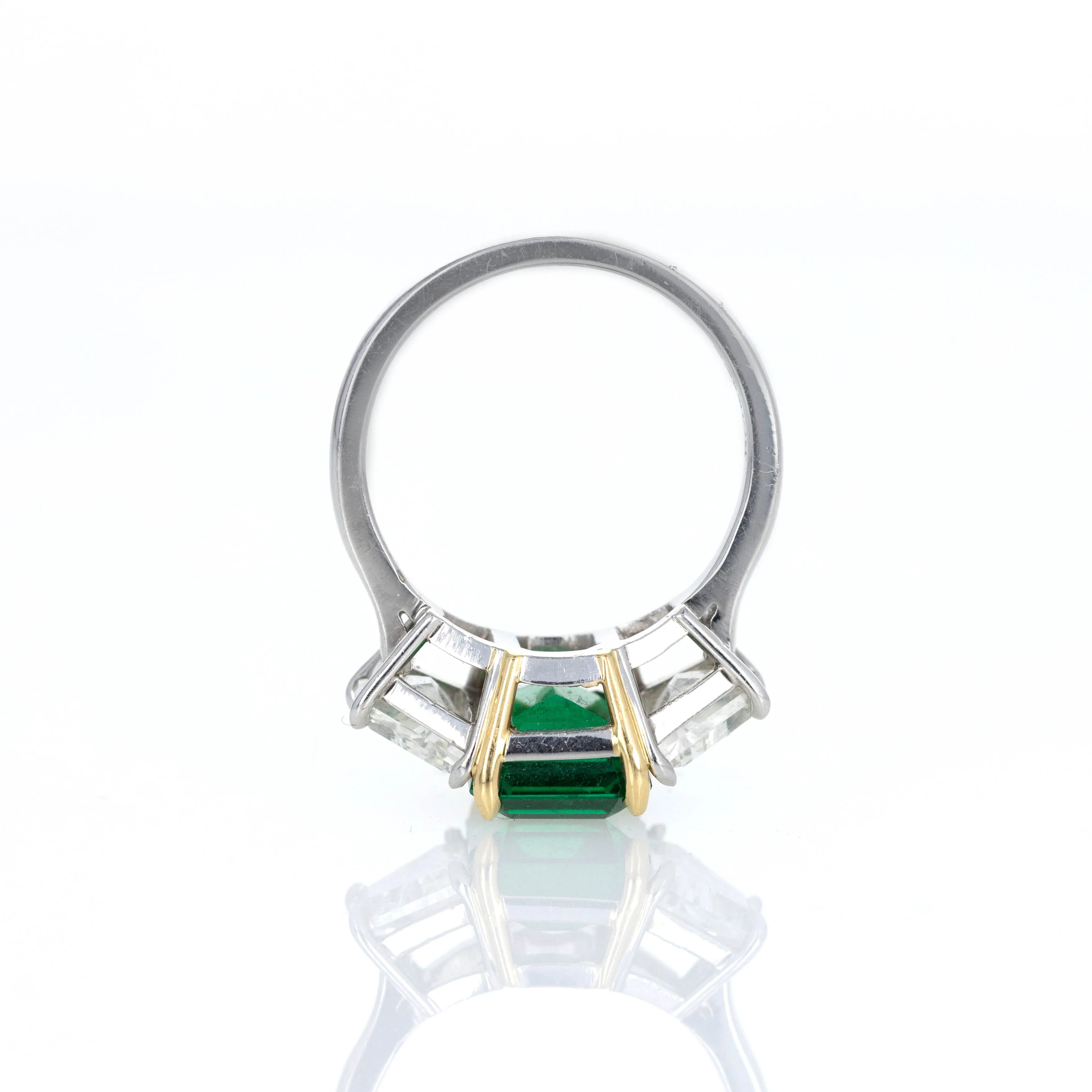 3.55 Carat Natural Zambian Emerald & Trapezoid Diamond Three Stone Ring