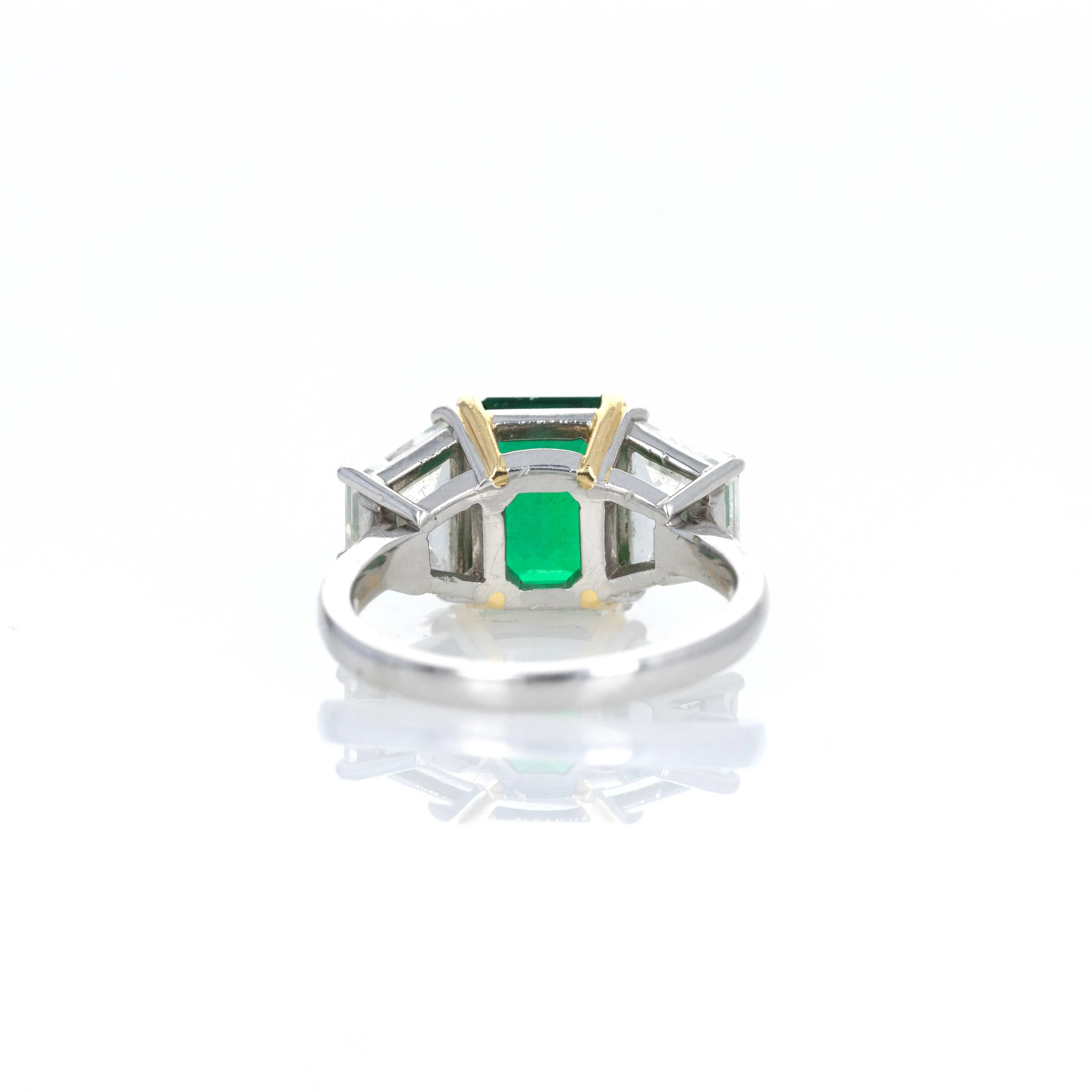 3.55 Carat Natural Zambian Emerald & Trapezoid Diamond Three Stone Ring