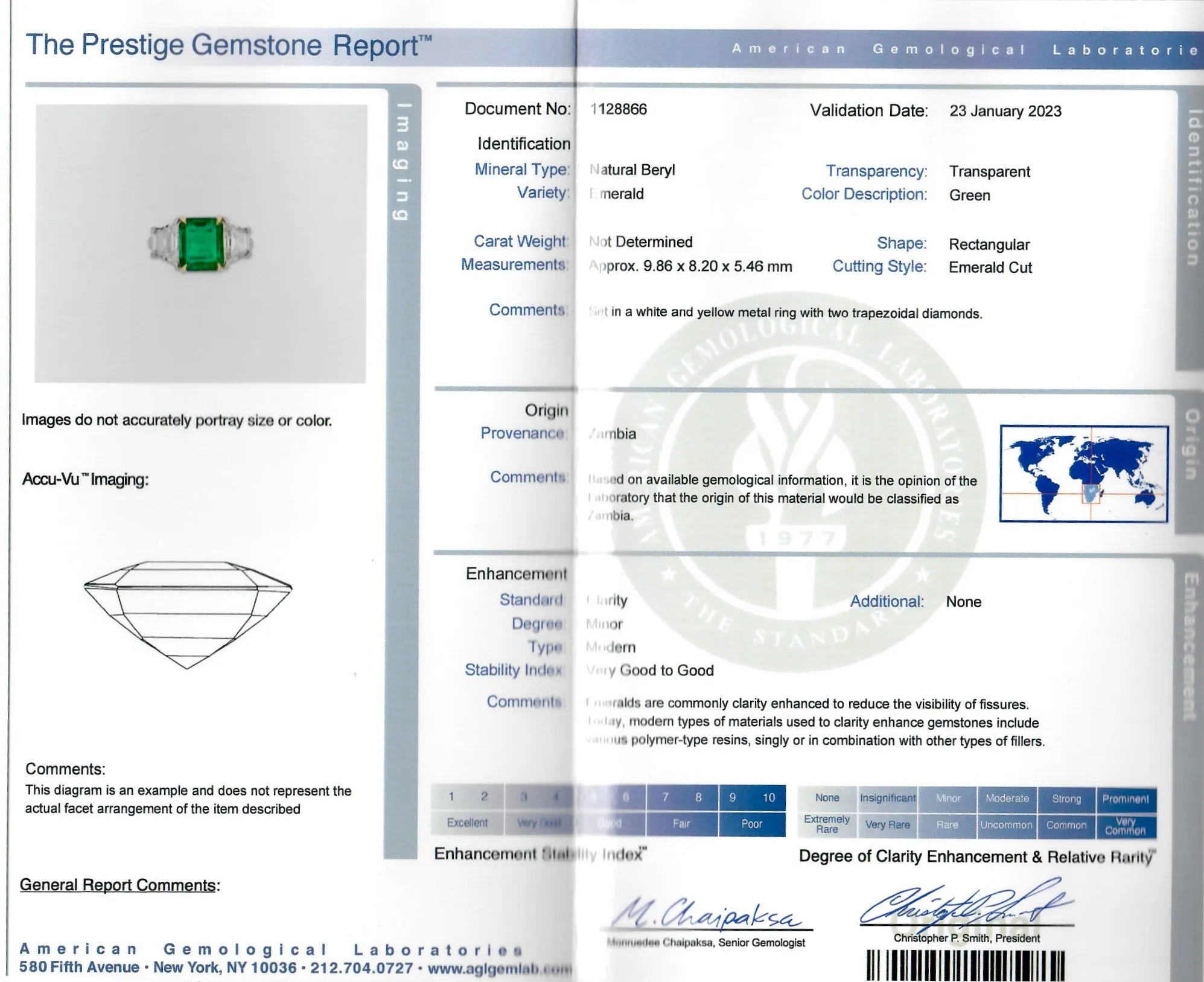 3.55 Carat Natural Zambian Emerald & Trapezoid Diamond Three Stone Ring