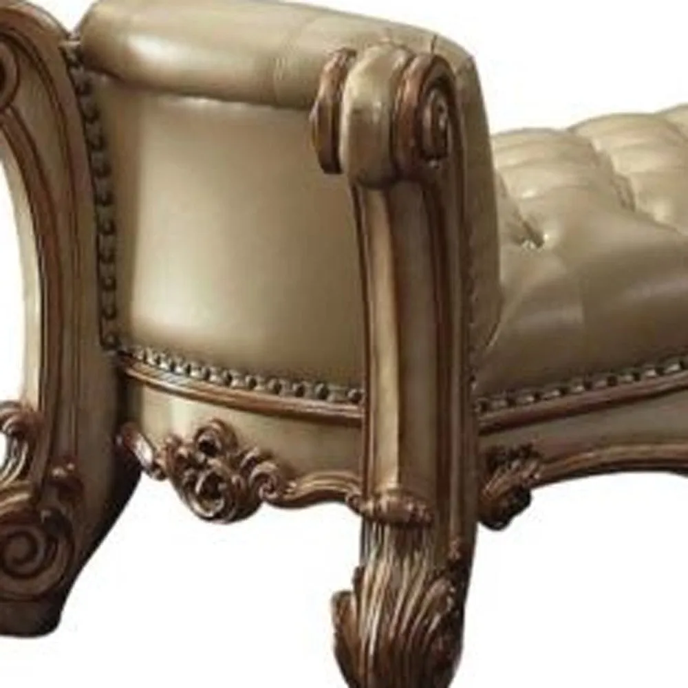 74 Beige and Gold Upholstered Faux Leather Bench