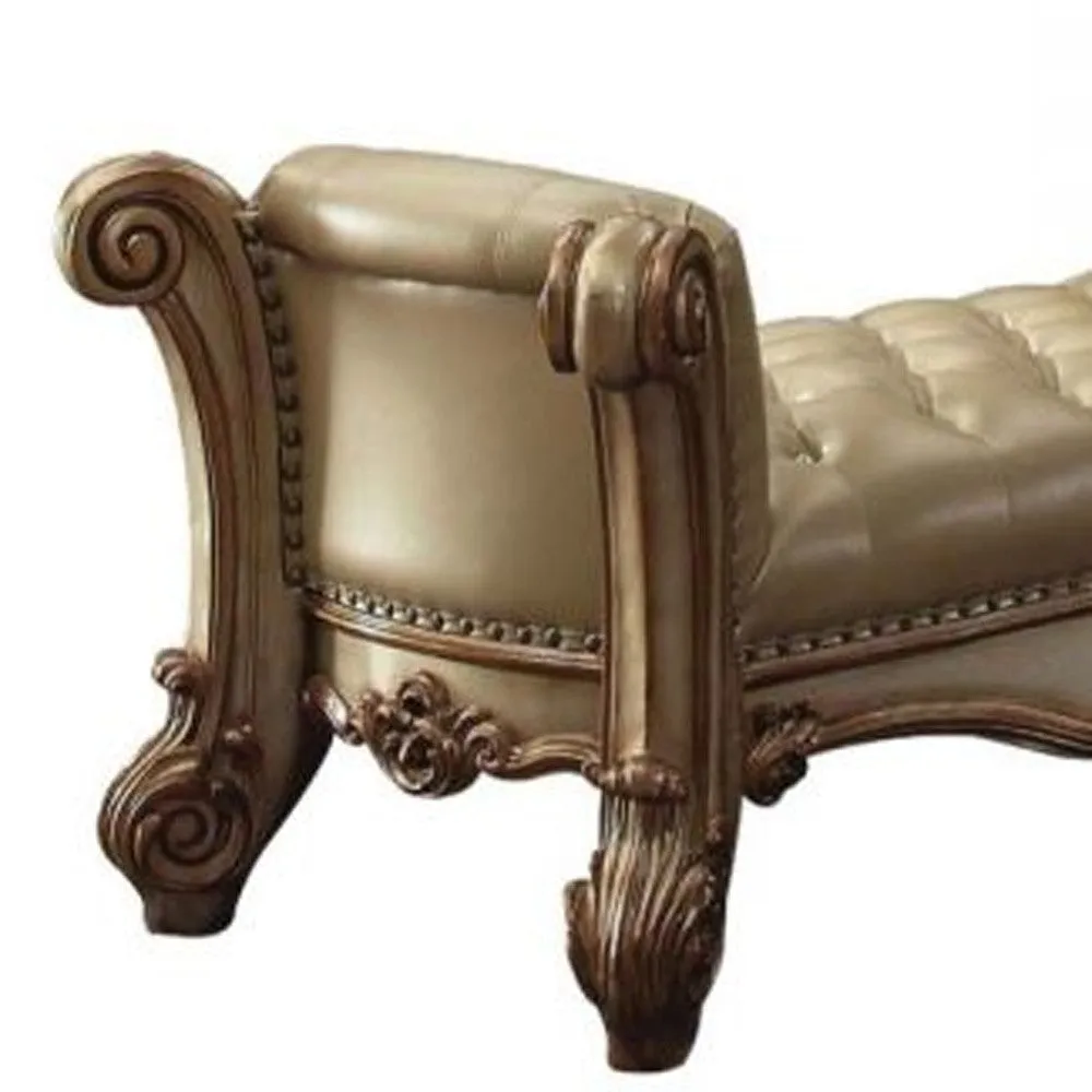 74 Beige and Gold Upholstered Faux Leather Bench