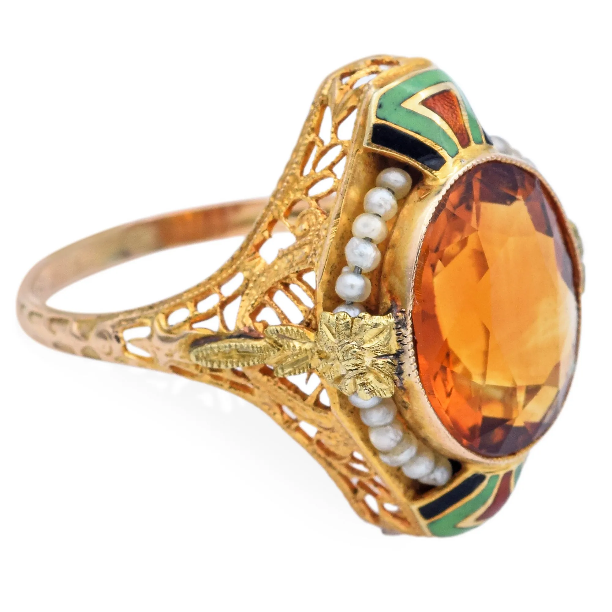 Antique 14K Yellow Gold 5.15 Ct Citrine & Pearl Enamel Cocktail Ring Size 5.5