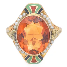 Antique 14K Yellow Gold 5.15 Ct Citrine & Pearl Enamel Cocktail Ring Size 5.5