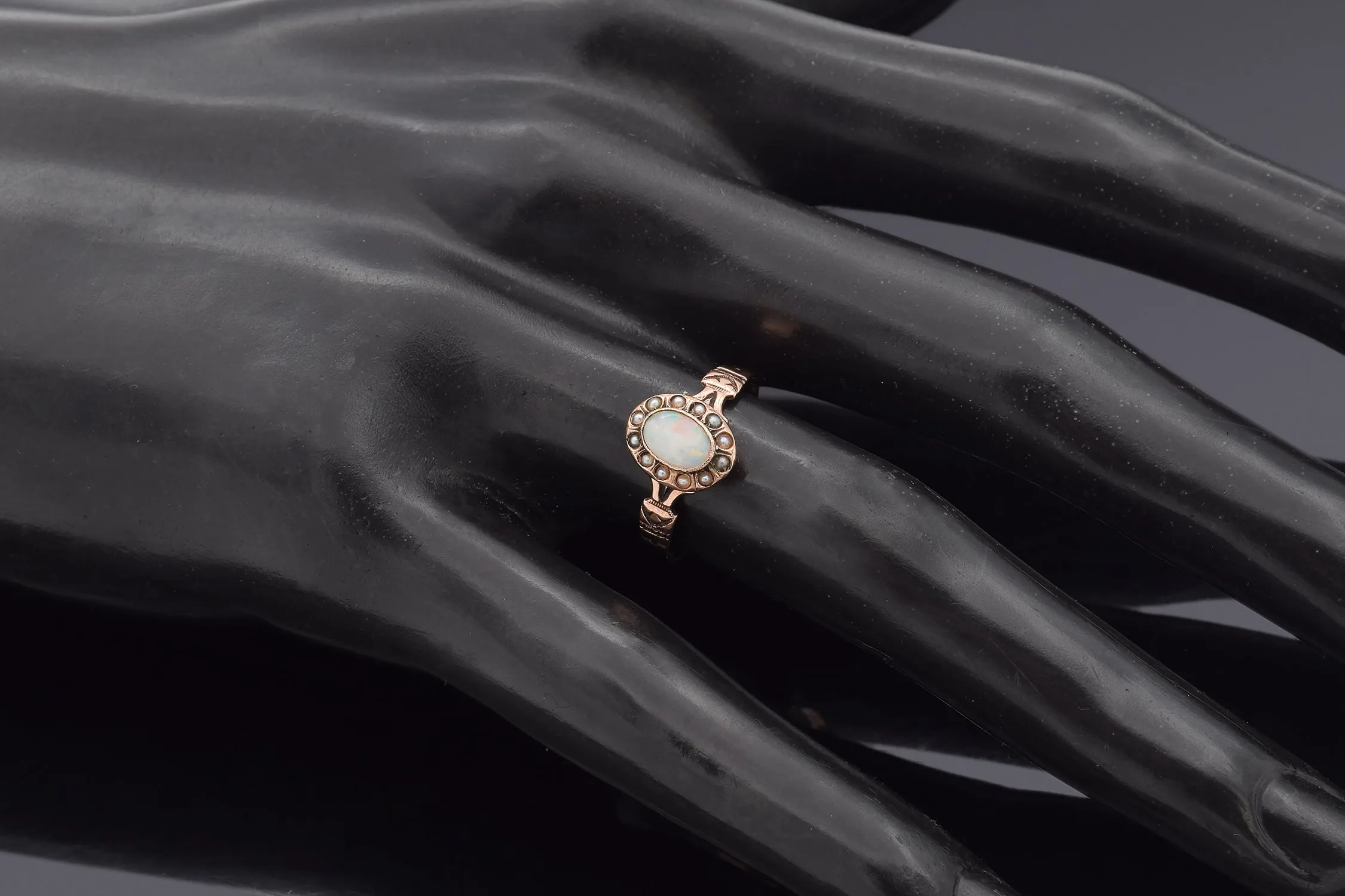 Antique 14K Yellow Gold Opal & Sea Pearl Band Ring Size 5.75