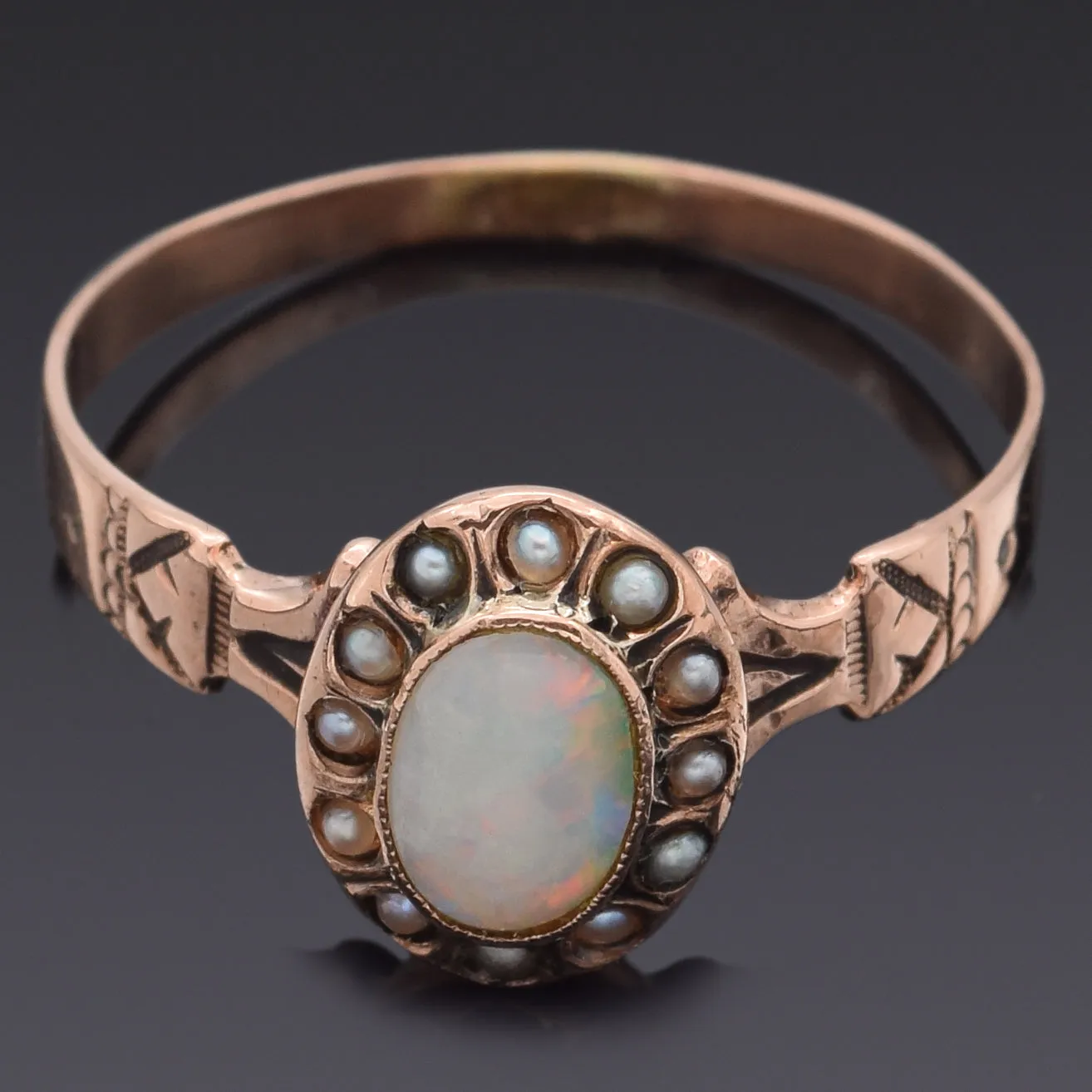 Antique 14K Yellow Gold Opal & Sea Pearl Band Ring Size 5.75