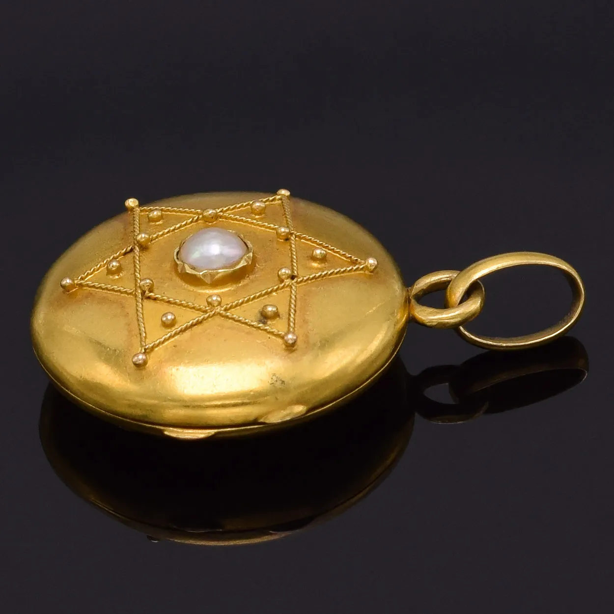 Antique 18K Yellow Gold Sea Pearl French Star of David Locket Pendant