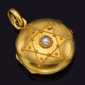 Antique 18K Yellow Gold Sea Pearl French Star of David Locket Pendant