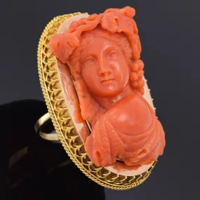 Antique JSG Signed 18K Yellow Gold Red Coral Cameo Cocktail Ring 17.4 Grams