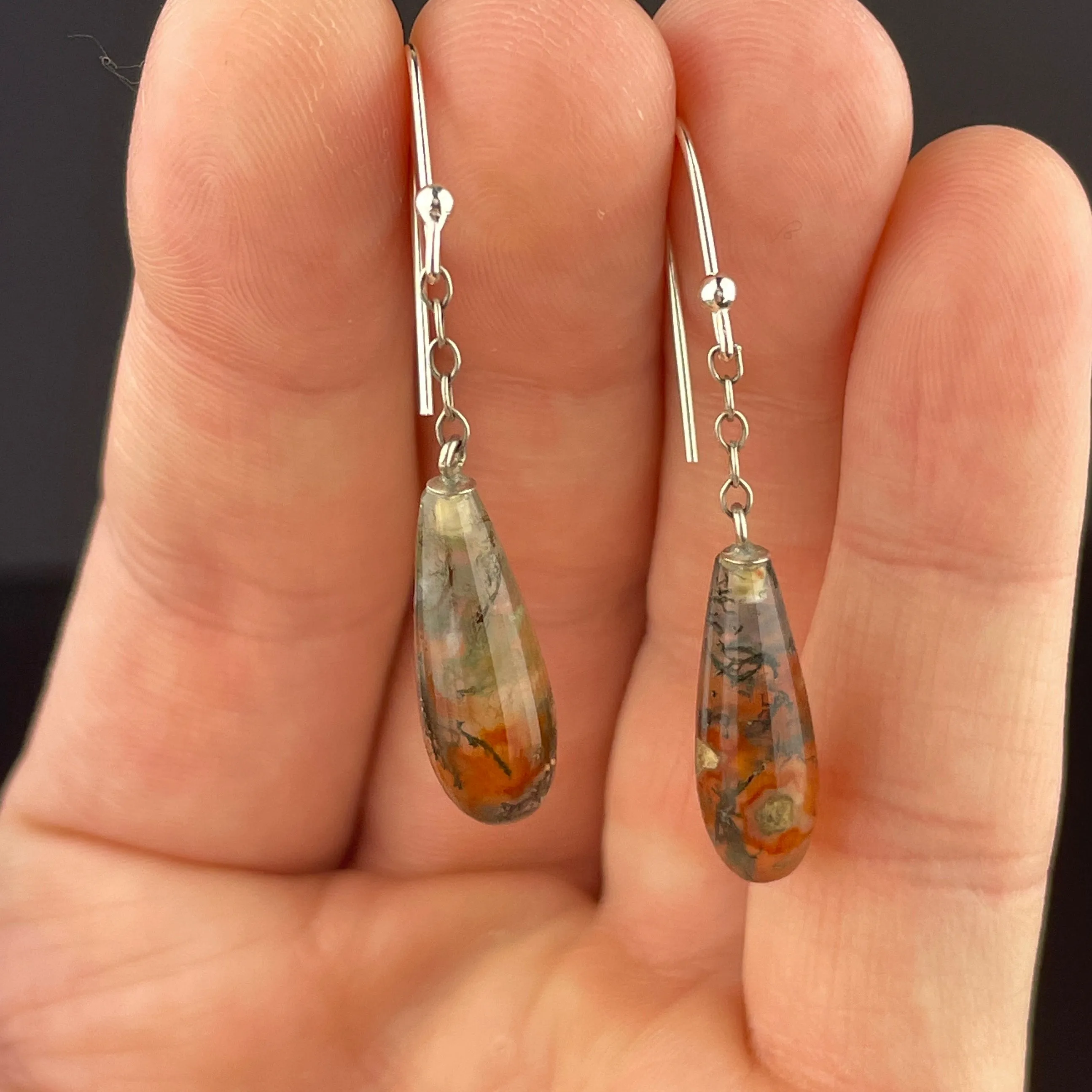 Antique Victorian Sterling Silver Moss Agate Drop Earrings