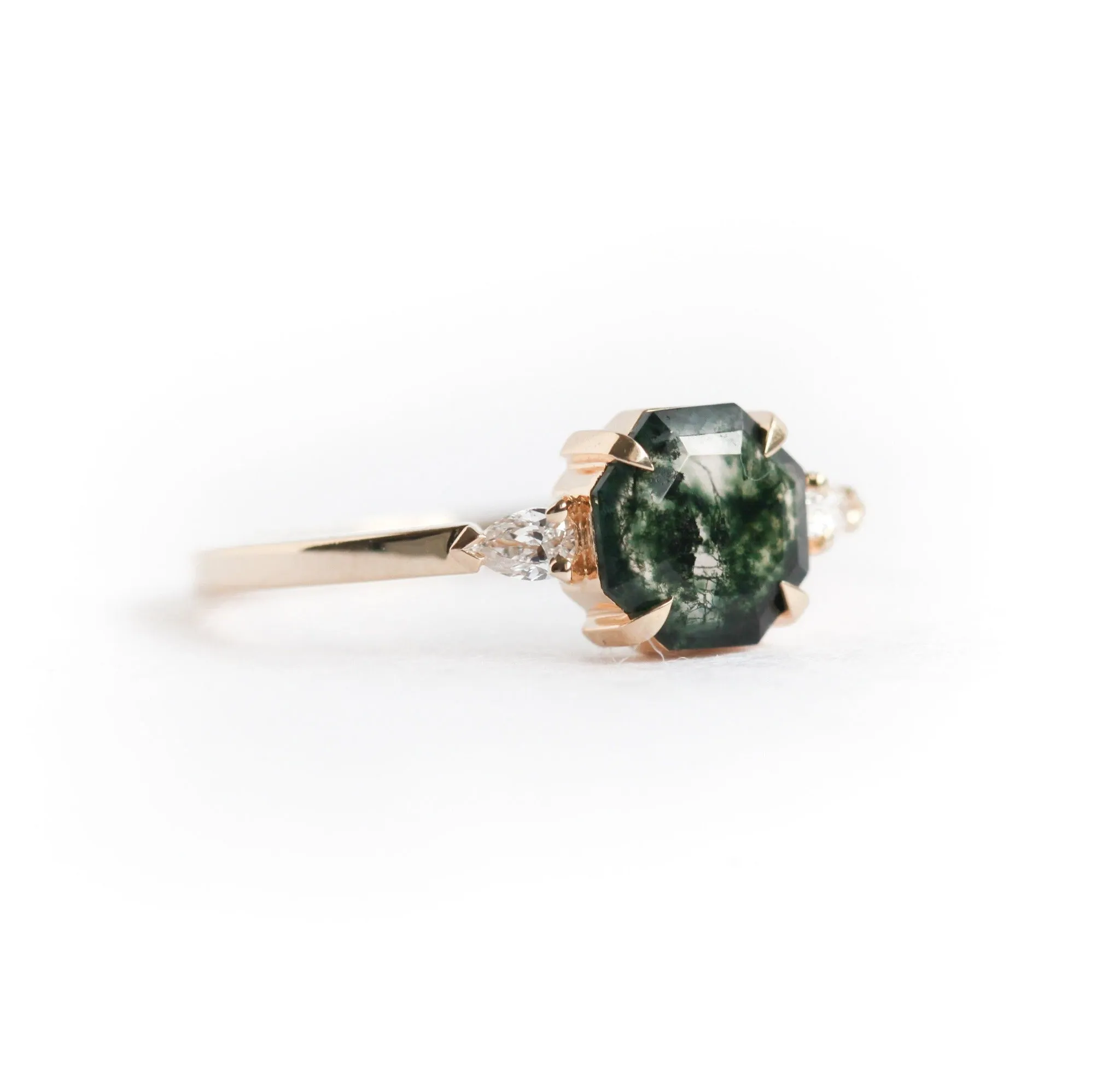 April Octagon Moss Agate Ring With Accent Diamonds