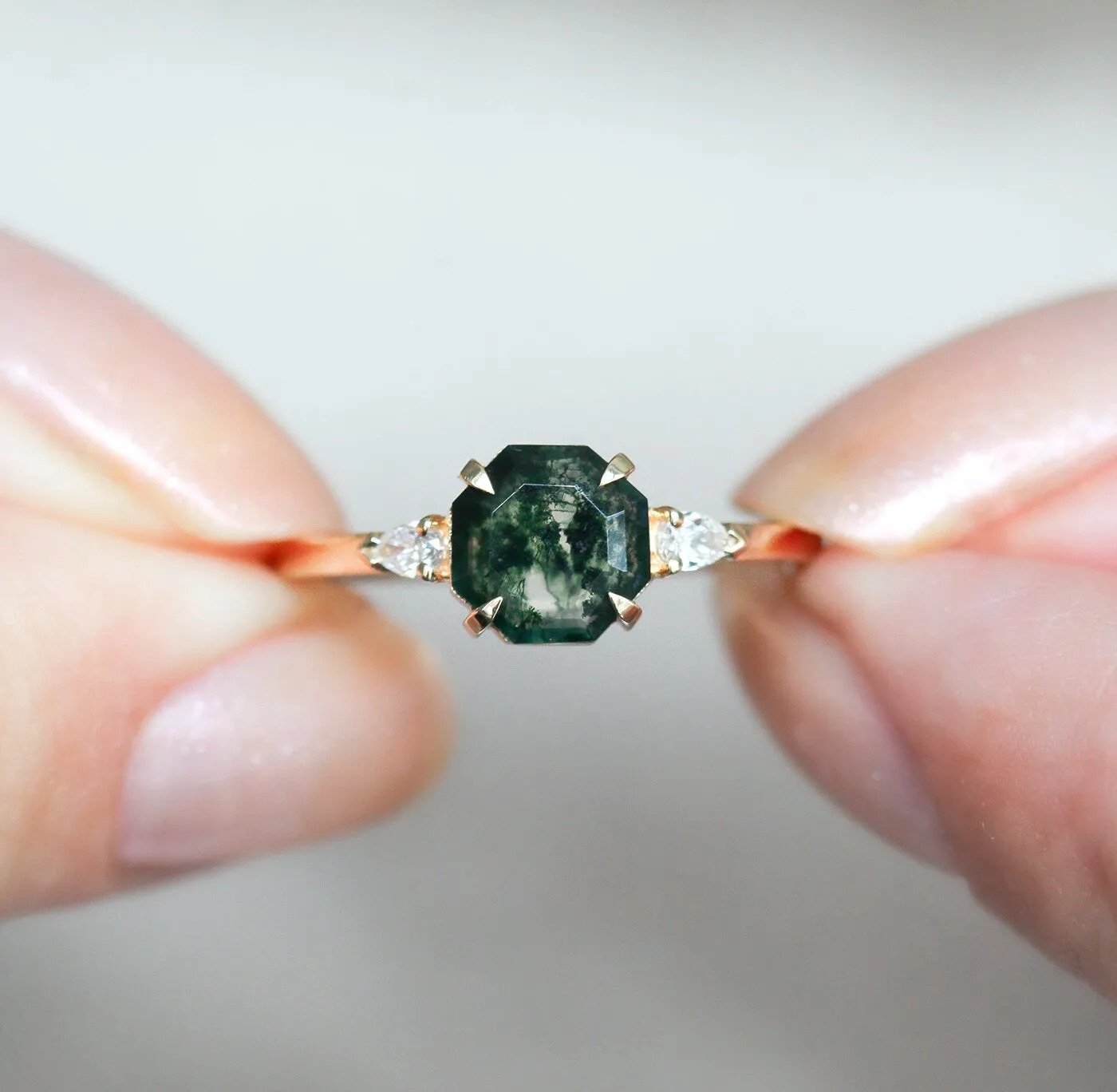 April Octagon Moss Agate Ring With Accent Diamonds