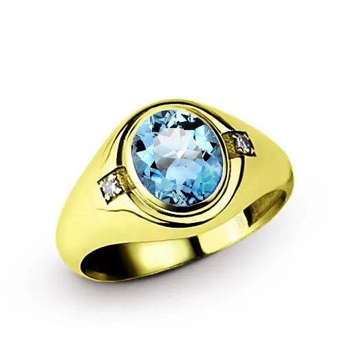 Aquamarine Men's Ring with 2 Diamond Accents in 14K Yellow Gold