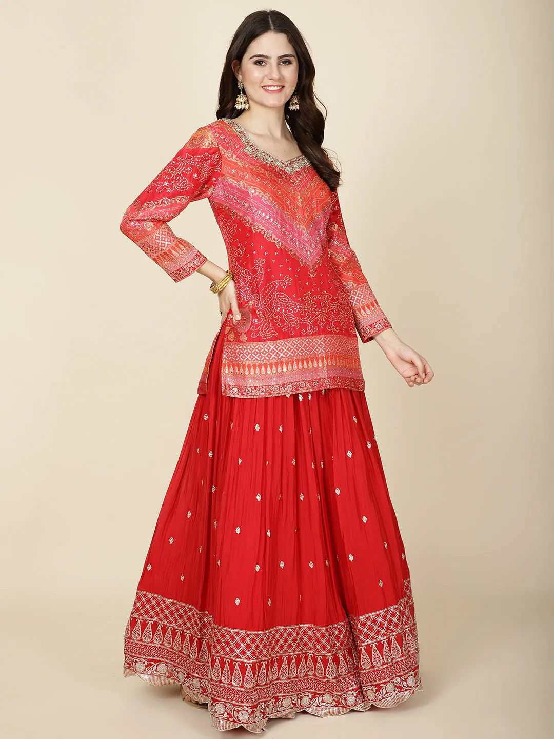 Bandhani Work Crepe Choli With Lehenga & Dupatta