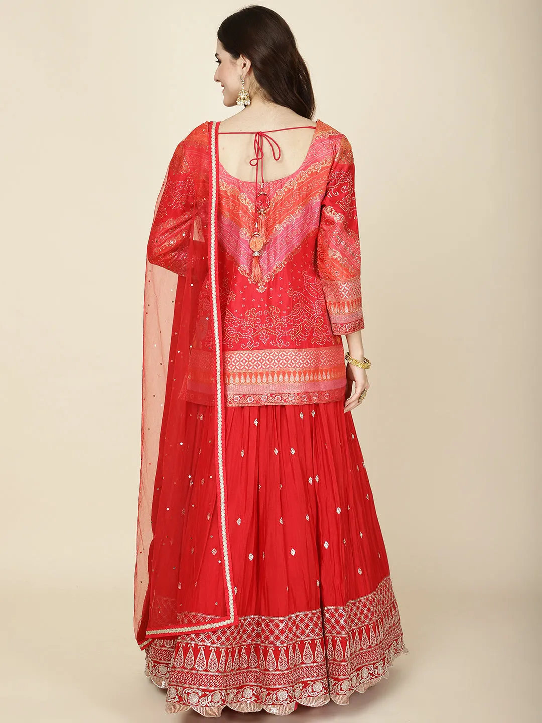 Bandhani Work Crepe Choli With Lehenga & Dupatta