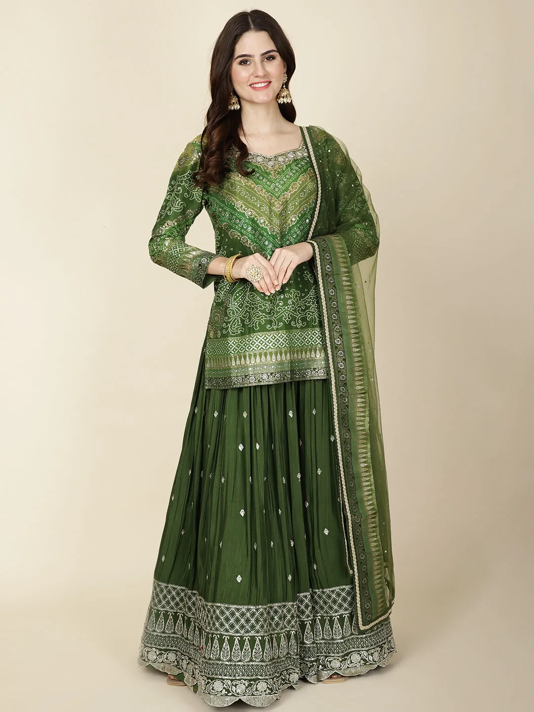 Bandhani Work Crepe Choli With Lehenga & Dupatta