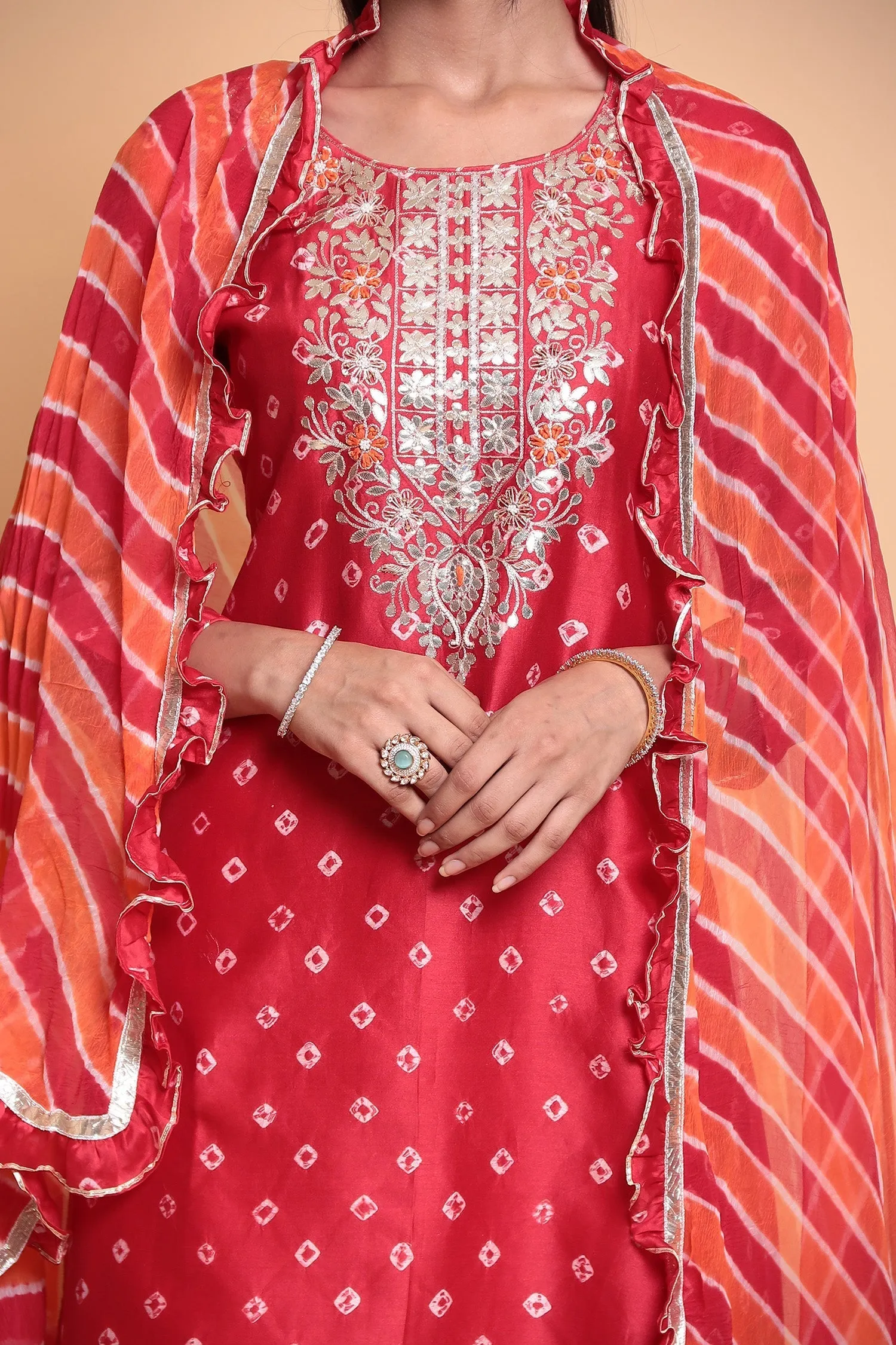 Bandhej Chanderi silk Suit Stitched with Gota Patti work.