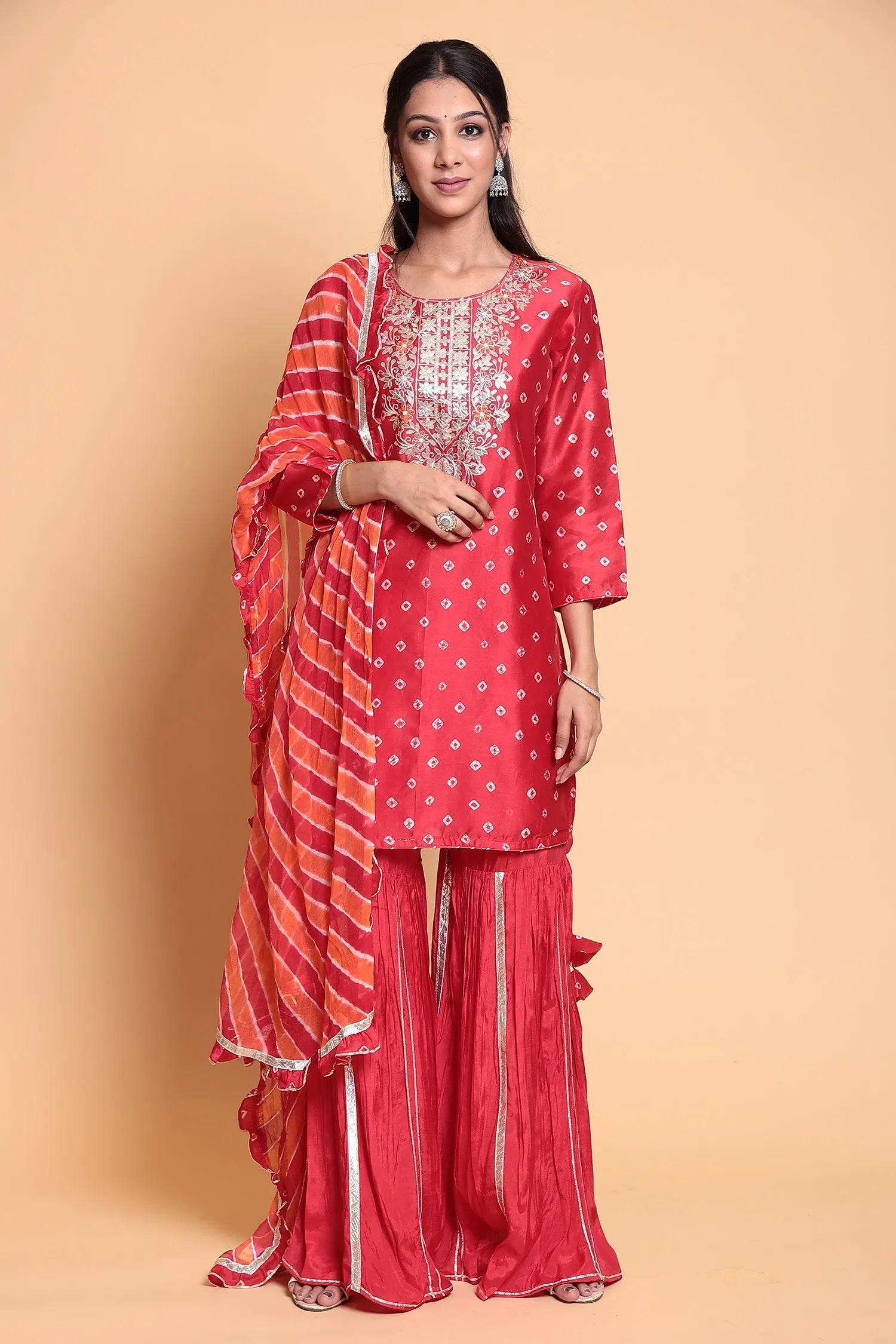 Bandhej Chanderi silk Suit Stitched with Gota Patti work.