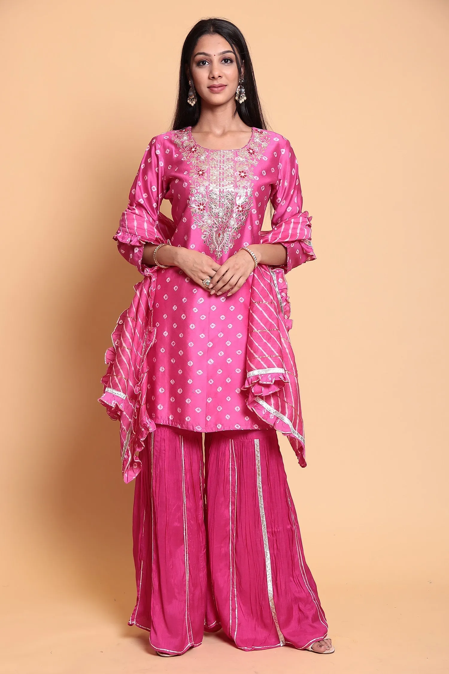 Bandhej Chanderi silk Suit Stitched with Gota Patti work.