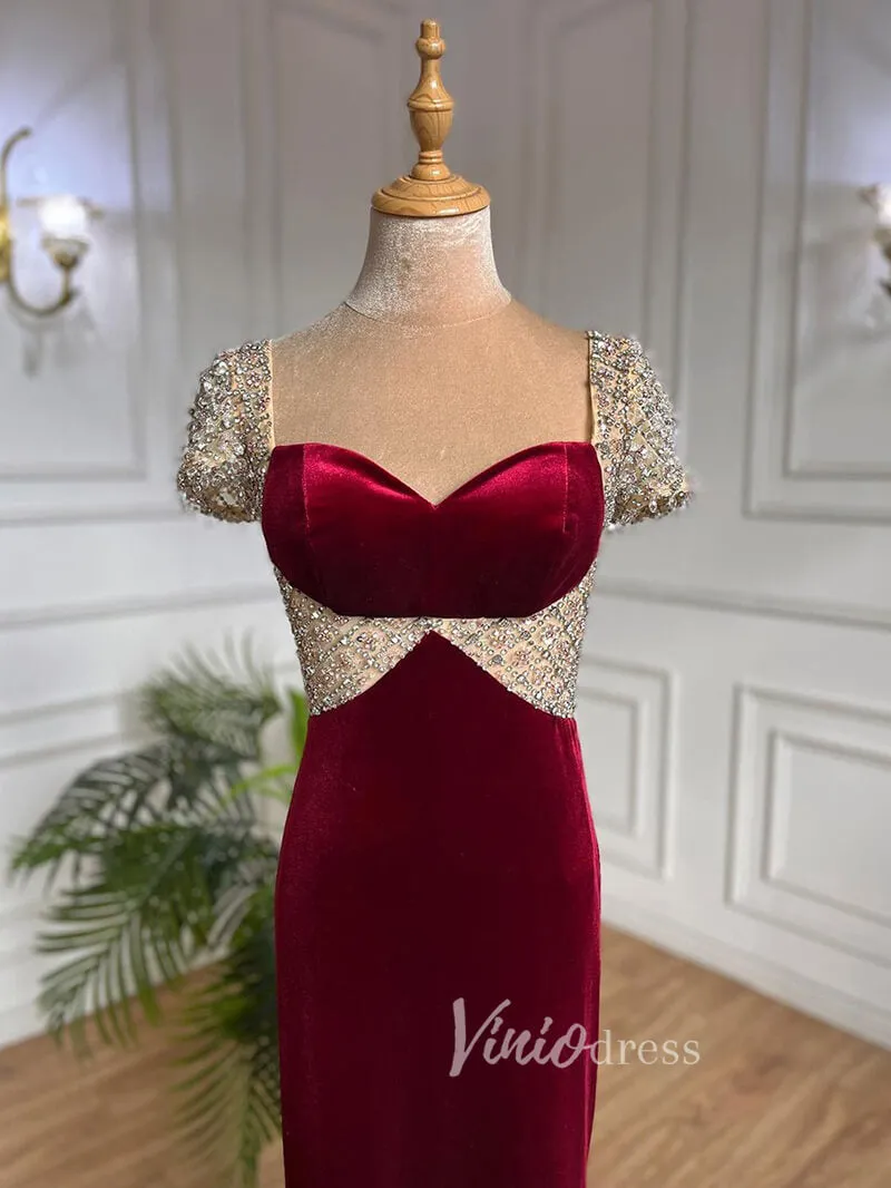 Beaded Burgundy Velvet Prom Dresses Sweetheart Neck Sheath Evening Dress 20028