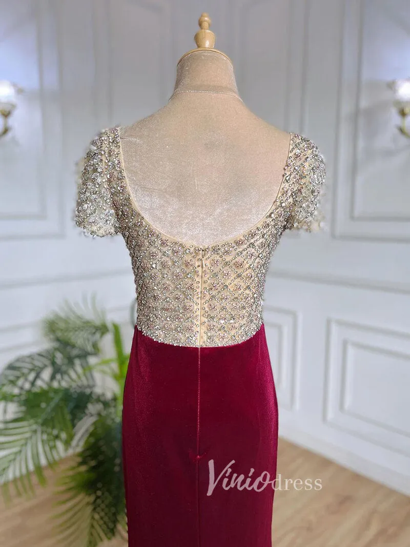 Beaded Burgundy Velvet Prom Dresses Sweetheart Neck Sheath Evening Dress 20028