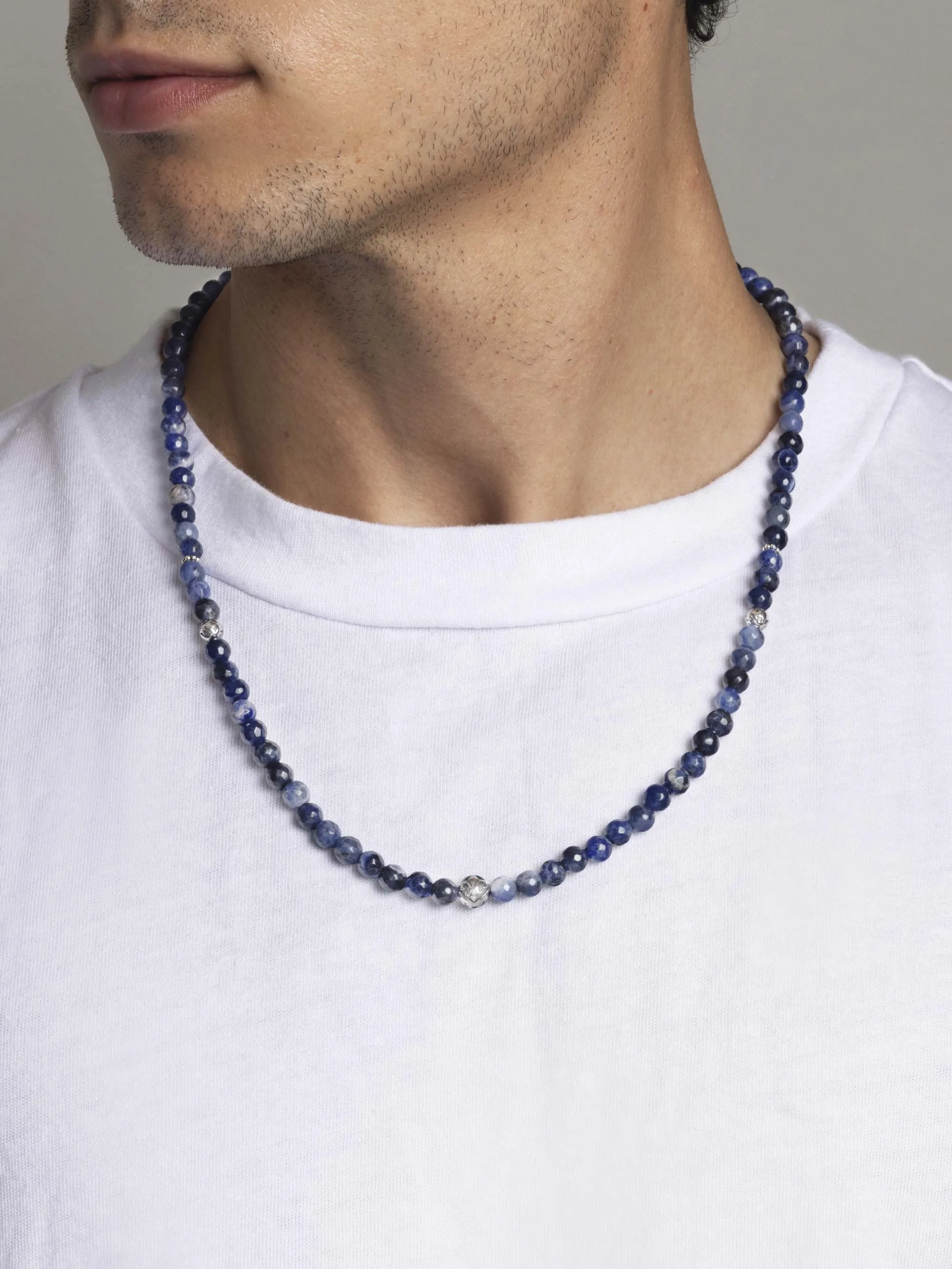 Beaded Necklace with Faceted Dumortierite and Silver