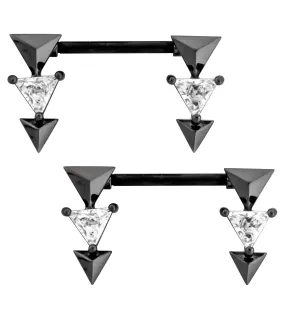 Black PVD Triple Triangle Drop Clear CZ Stainless Steel Nipple Barbell