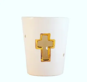 Ceramic tealight gold cross design ivory white