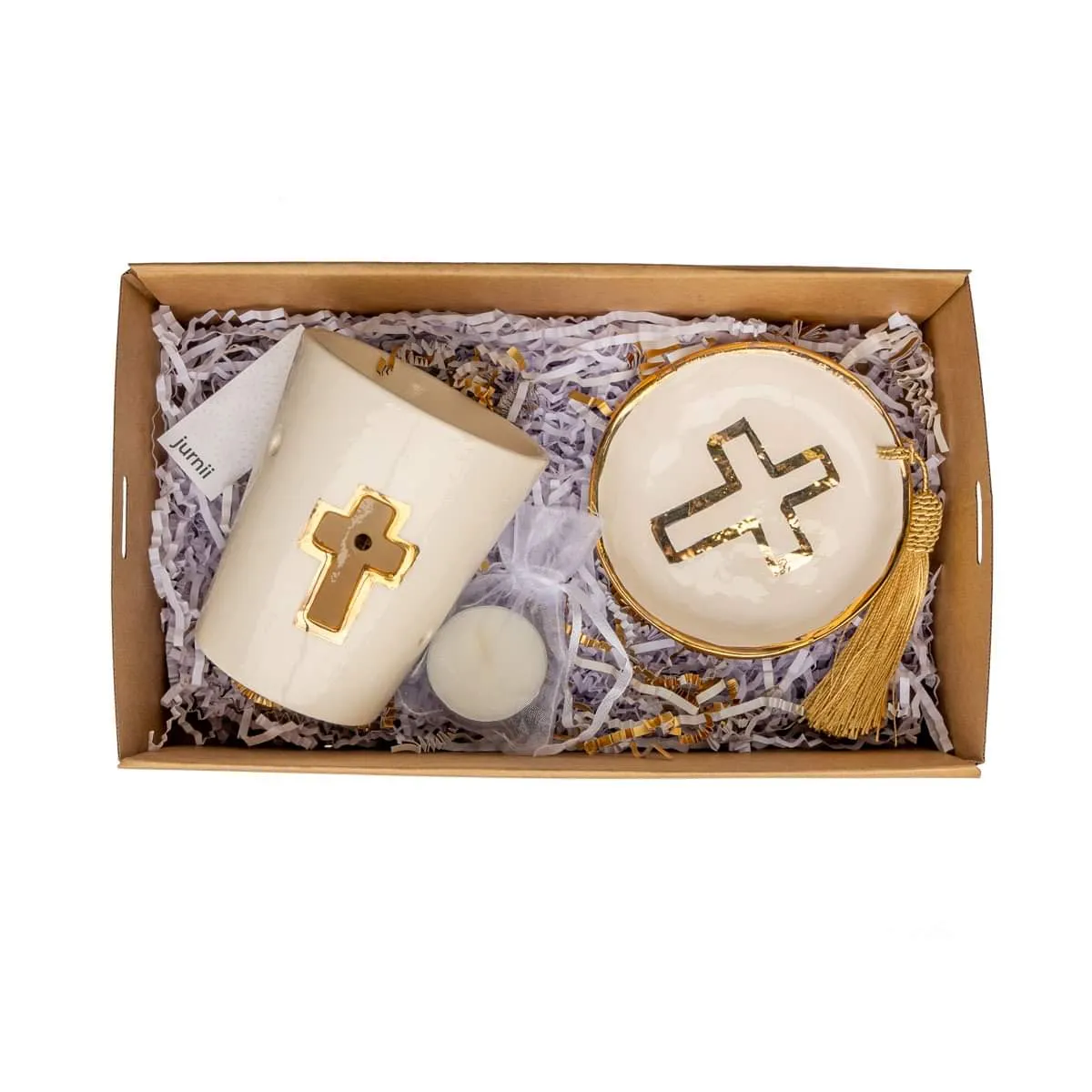 Ceramic tealight gold cross design ivory white