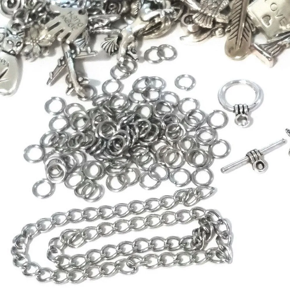 Charm Bracelet Kit, Do It Yourself Jewelry Making Kit, Over 50 Charms, Findings, Digital Instructions, Choose Full Kit or Charms Only, #100