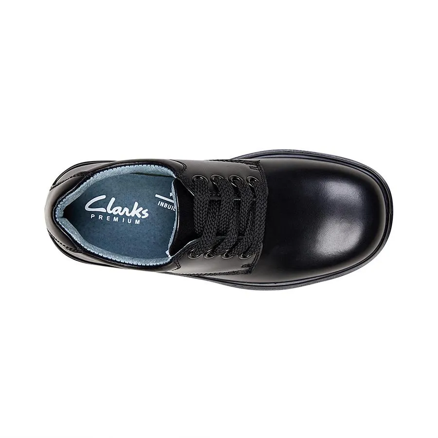 CLARKS JUNIOR DAYTONA TRIPLE BLACK LEATHER SHOE (WIDTH E)