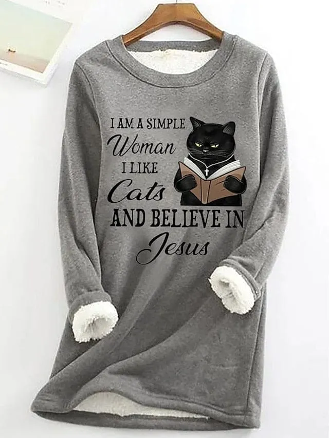 Cozy Sherpa Fleece Lined Women's Cat Letter Sweatshirt