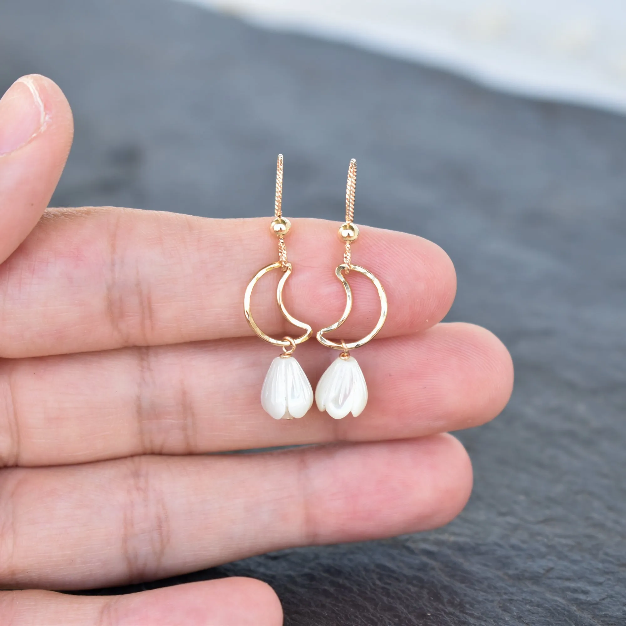 Crescent Moon Earrings with Small Pikake