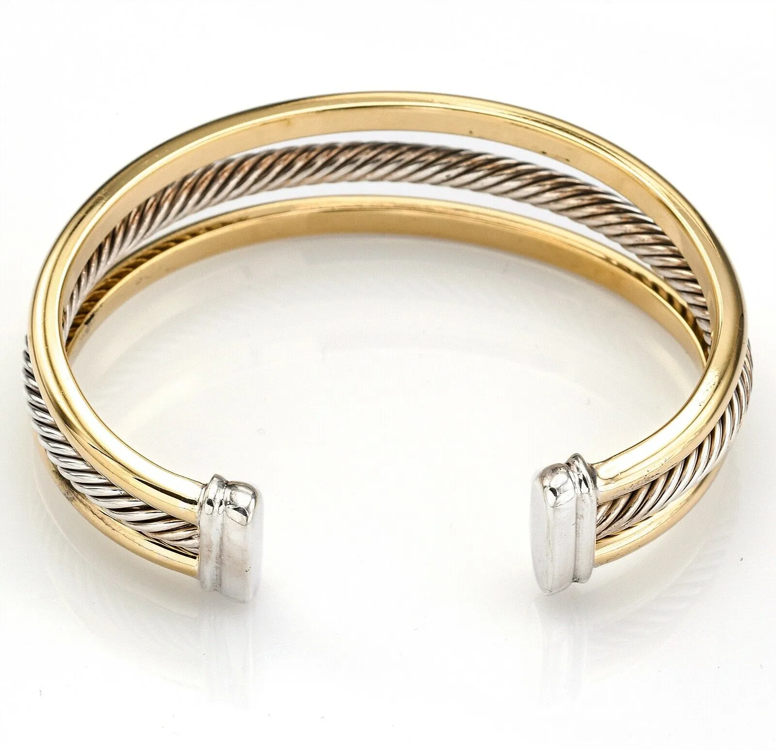 David Yurman 18K Yellow Gold & Sterling Silver 3 Row Cable Cuff Bracelet