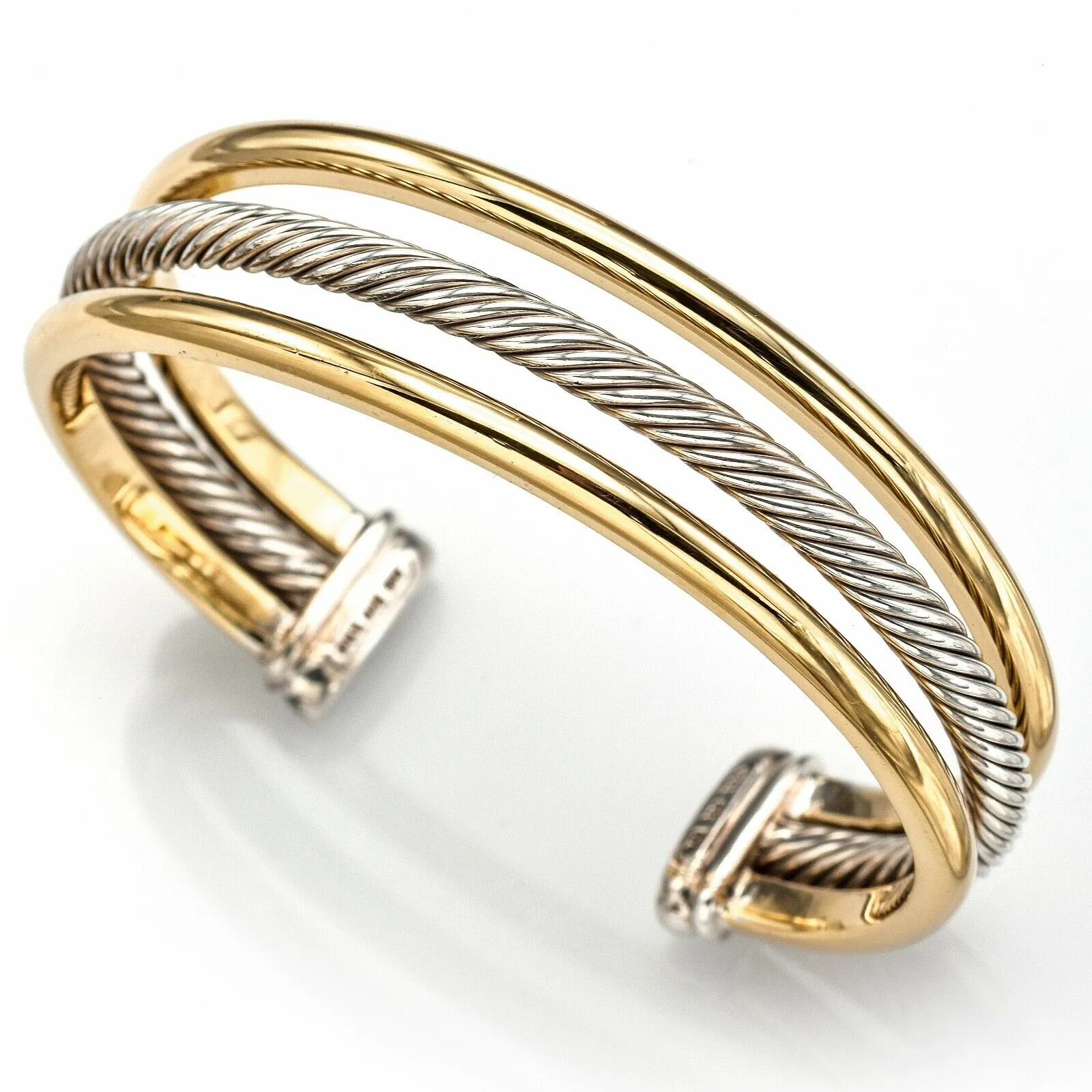 David Yurman 18K Yellow Gold & Sterling Silver 3 Row Cable Cuff Bracelet