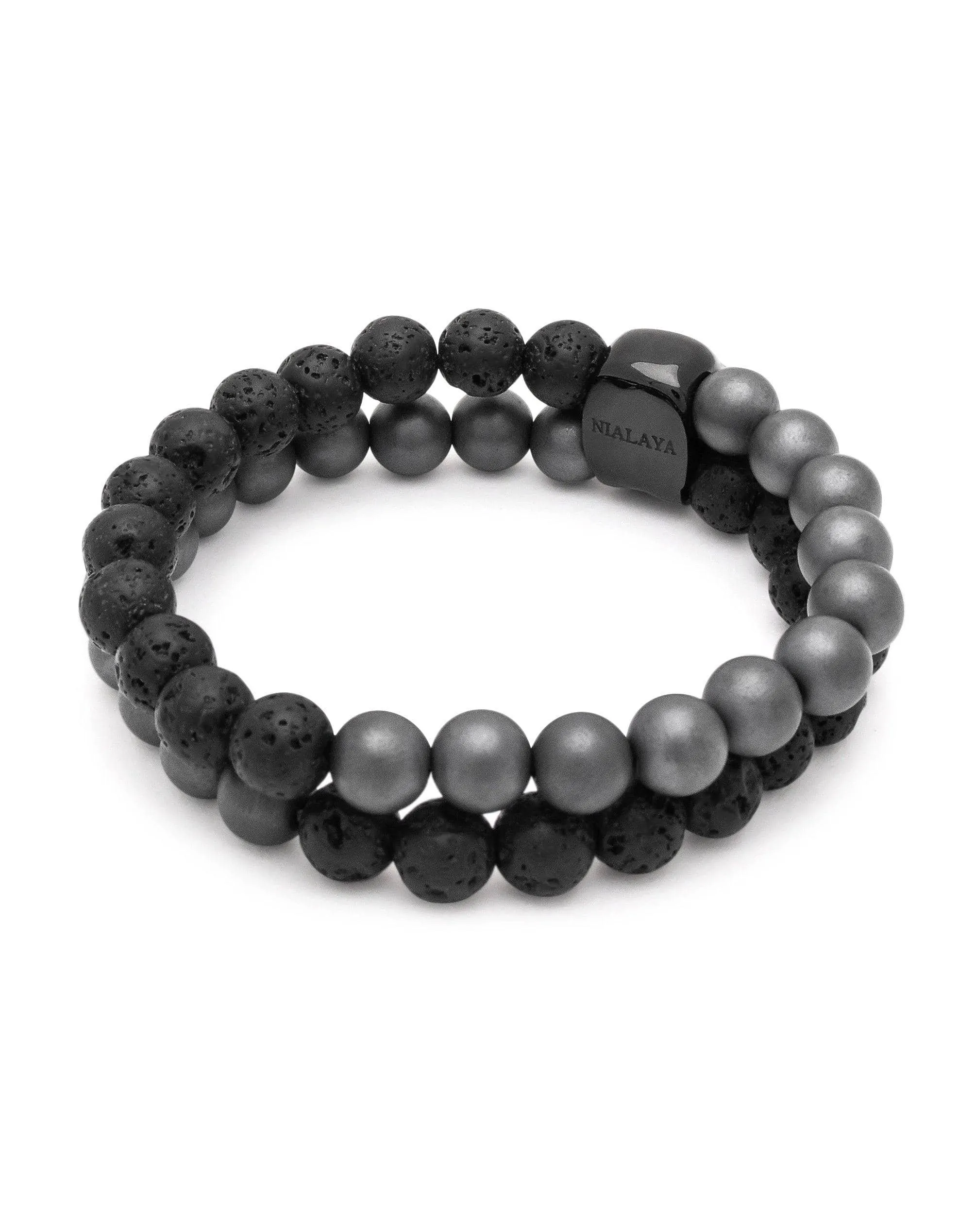 Double Beaded Bracelet with Matte Hematite, Lava Stone and Black Skull