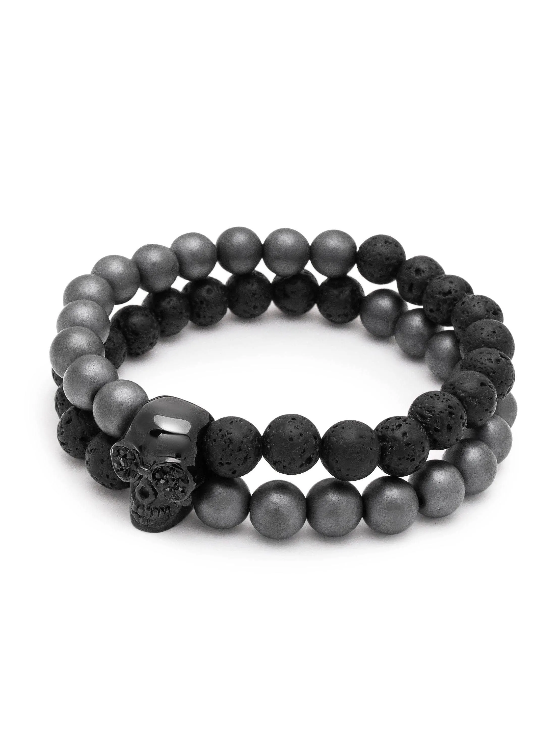 Double Beaded Bracelet with Matte Hematite, Lava Stone and Black Skull