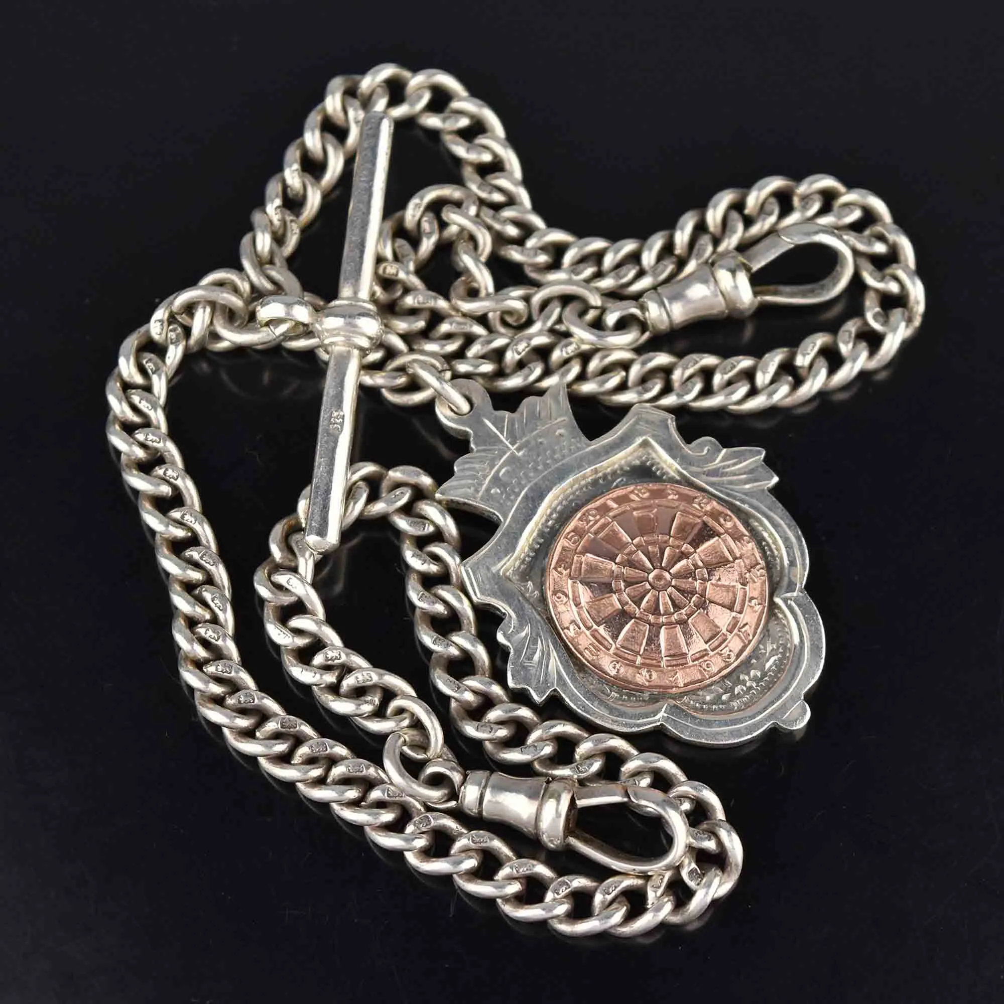 Edwardian Silver Double Albert Watch Chain, Rose Gold Fob