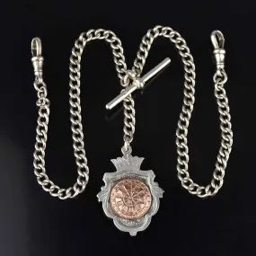 Edwardian Silver Double Albert Watch Chain, Rose Gold Fob