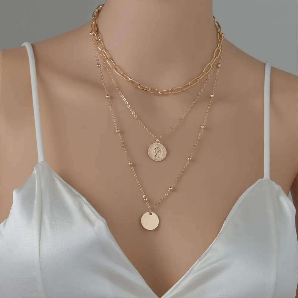 Elevate Your Style with our Vintage Coin Pendant Necklace - Three Layers of Stackable Chains for Women and Girls - Perfect for Holidays