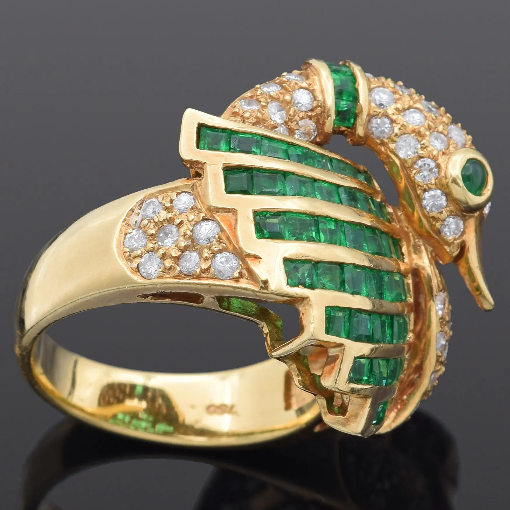 Estate 18K Yellow Gold Emerald & 0.80 TCW Diamond Swan Ring Size 6.25 with Box