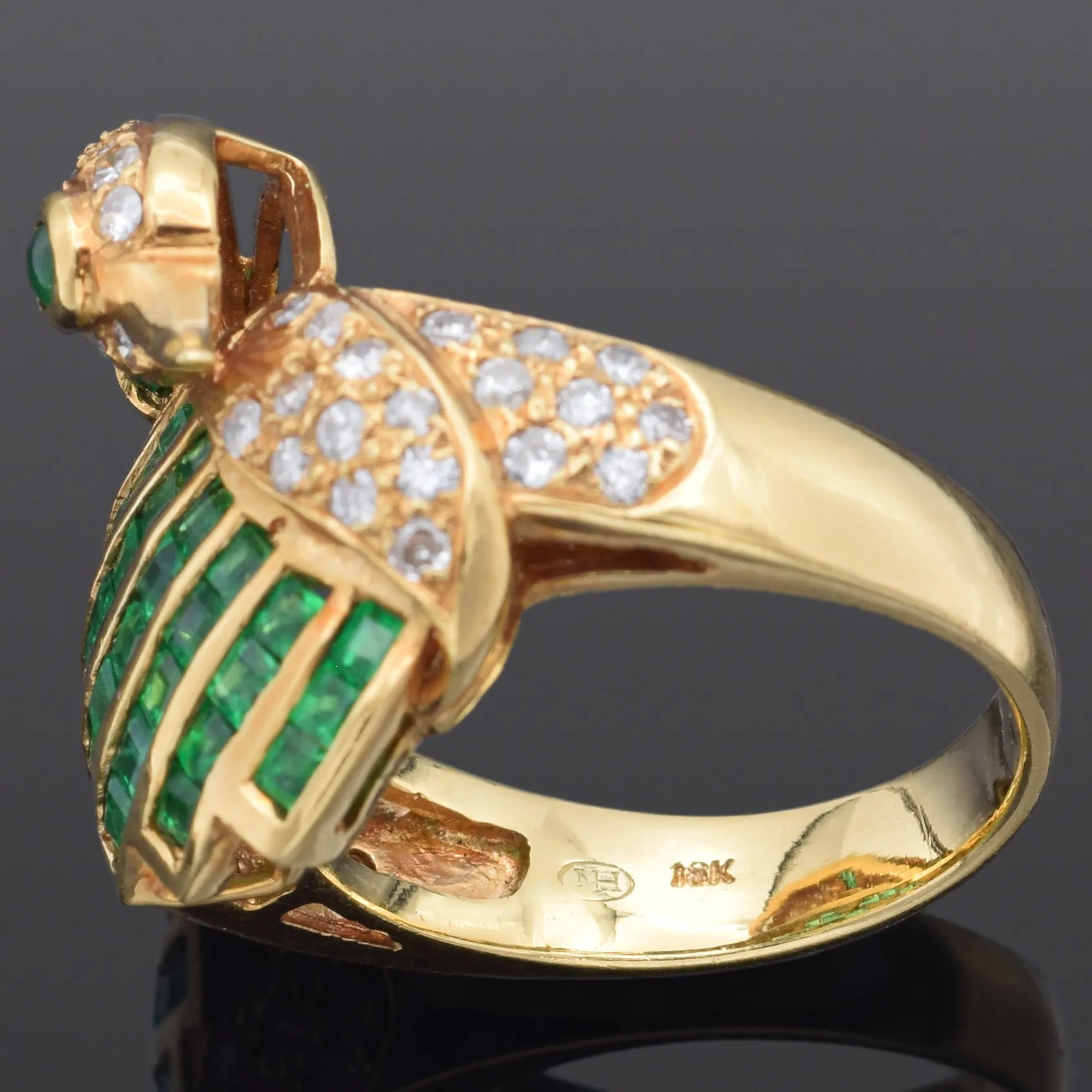 Estate 18K Yellow Gold Emerald & 0.80 TCW Diamond Swan Ring Size 6.25 with Box