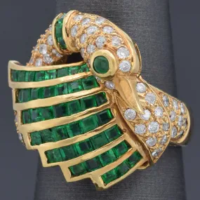 Estate 18K Yellow Gold Emerald & 0.80 TCW Diamond Swan Ring Size 6.25 with Box