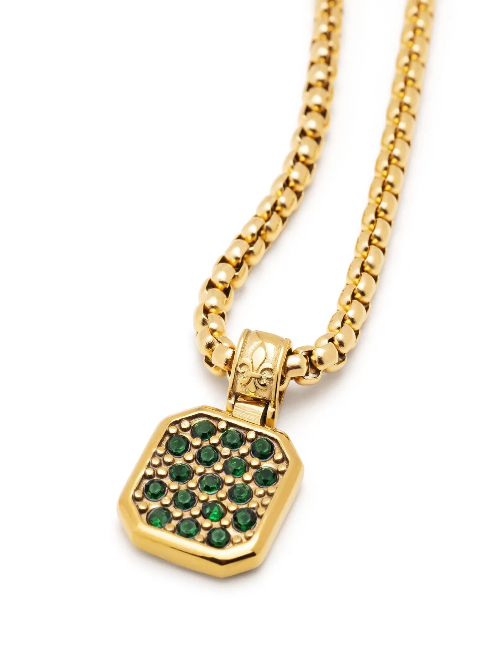 Gold Necklace with Green CZ Square Pendant