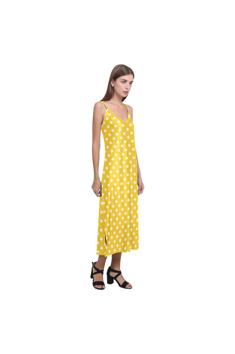 Golden Yellow Polka Dot V-Neck Open Fork Long Dress(Model D18)